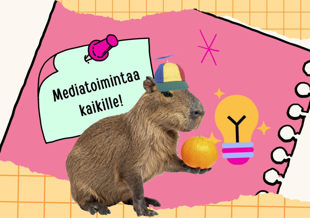 Kapybara pitää kädessään appelsiinia ja sillä on päässään propellihattu. Kuvan on tehnyt Tytti Viljanen